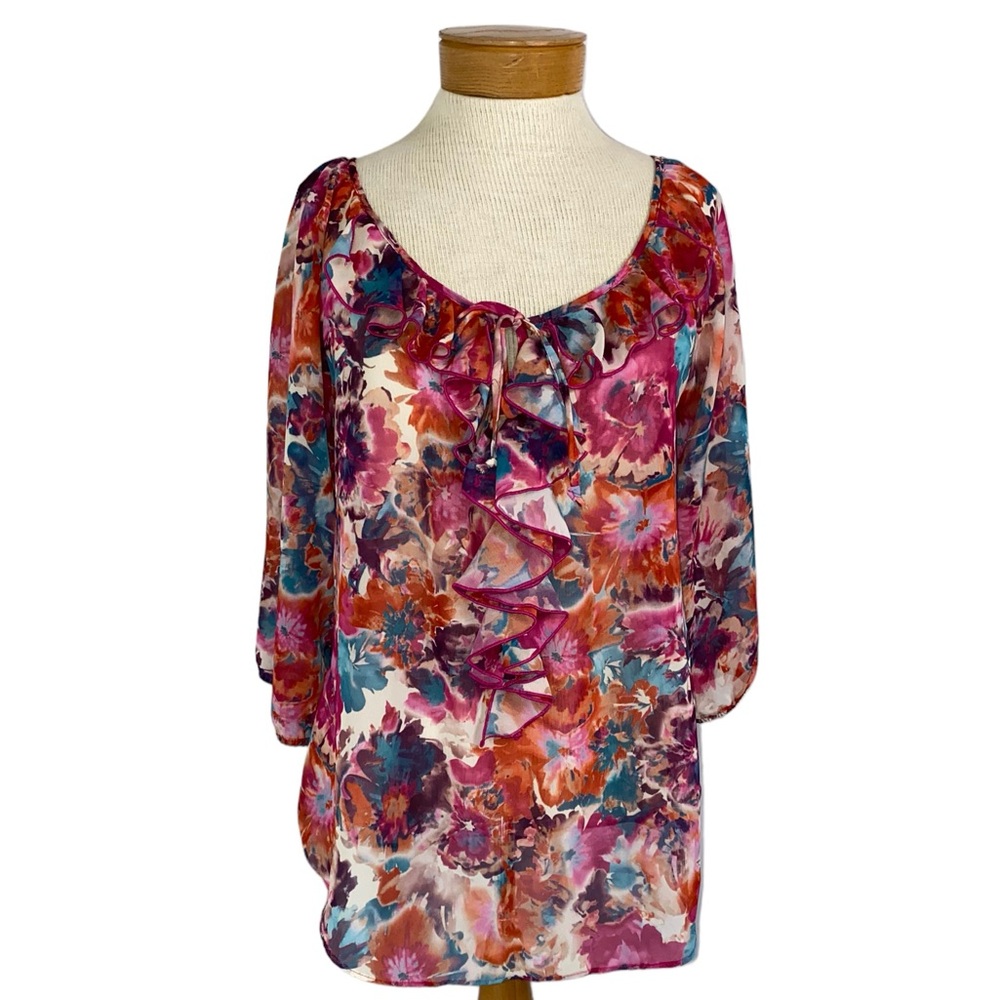 Watercolors Floral Ruffle Tie Top Med